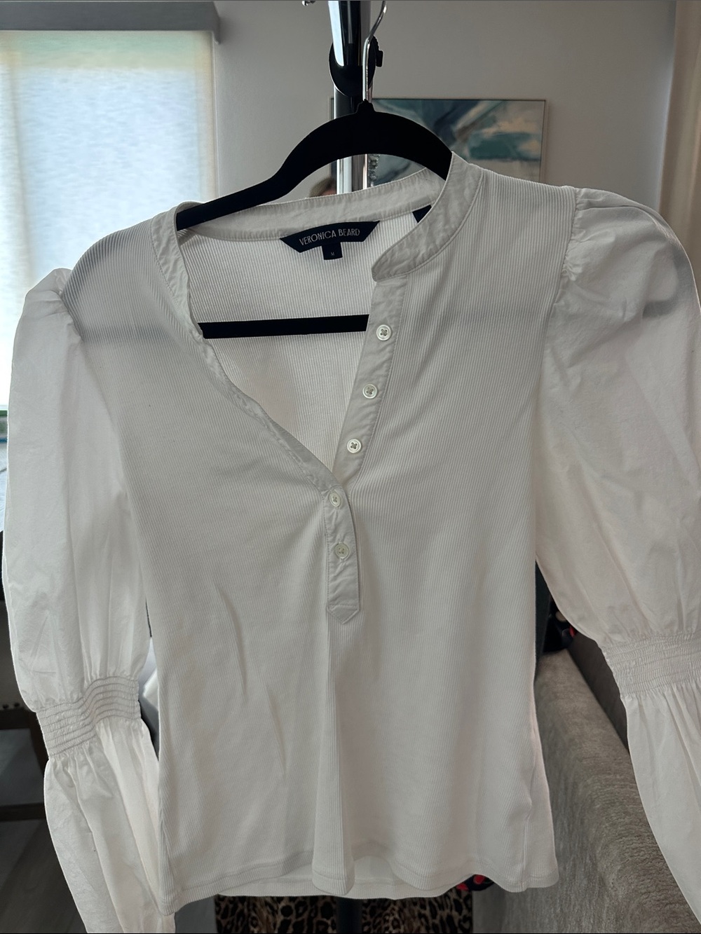 Veronica Beard White Puff-Sleeve Henley Top